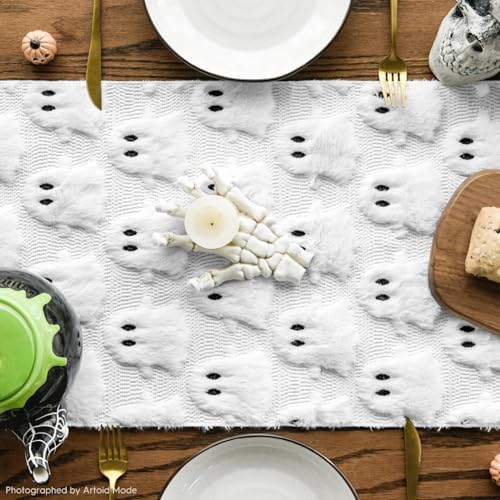 Artoid Mode White Soft Faux Fur Ghost Halloween Table Runner 13x72 Inch