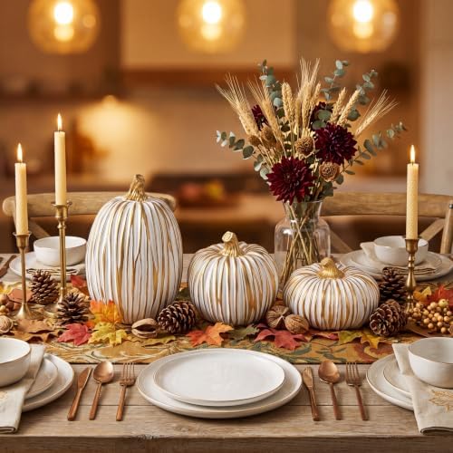 Fall Pumpkin Decor, 3 Pcs White and Gold Resin Pumpkin Decorations for Home