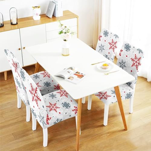 Christmas Chair Covers Set of 4,Xmas Snowflake Dining Chair Slipcovers,Elastic Removable Washable Dining Parsons Chair Protectors,Christmas Decor for Dining Room White