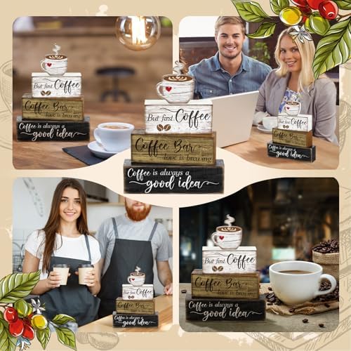Moucuny 4 Pcs Coffee Bar Sign Wooden Blocks with Cup Topper Coffee Decor