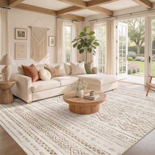 Nakagishi Area Rug Living Room Rugs: 7x9 Large Soft Machine Washable Boho Moroccan FarmNeutral Stain Resistant Indoor