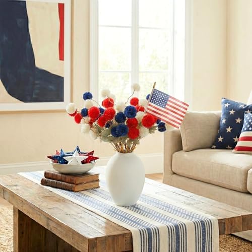 Red White and Blue Artificial Flower Arrangement 12 Stems with American Flag, 4th of July Table Decorations Centerpiece