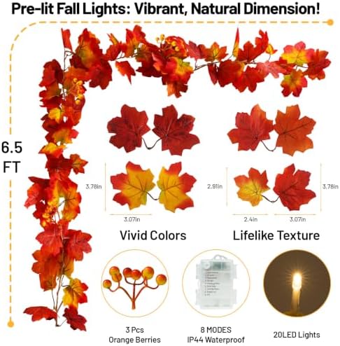 suddus 20 LED Fall Leaves Garland with Lights Battery Operated Timer Orange