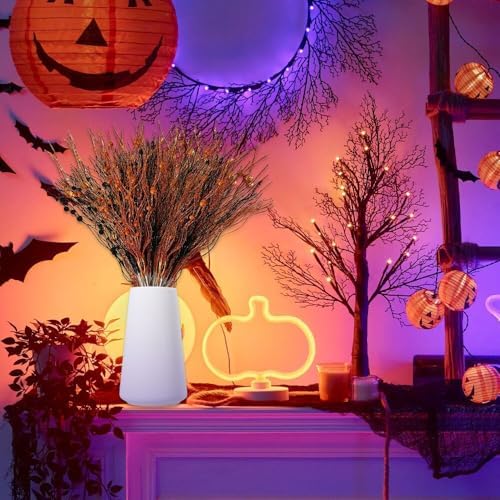 24 Pack Glitter Halloween Black Orange Artificial Berry Stem Picks 13.4 Inch Curly Tall Tree Filler Branches Christmas Decorations for Vase Filler, Twigs for Holiday (Orange Black)