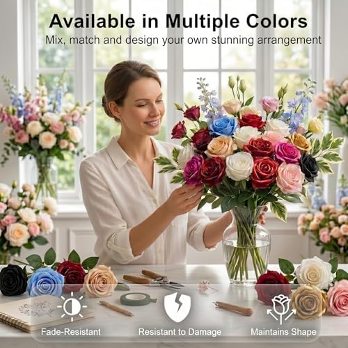 60 Pcs Blue Velvet Artificial Roses Flowers Real Looking Silk Faux Roses Bulk Long Stems for Wedding Centerpieces,DIY Floral Arrangements,Home Decor,Anniversary,Valentine's Day