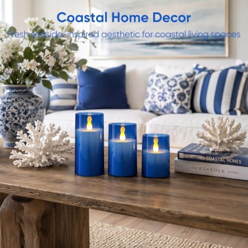 Homemory Blue Flameless LED Pillar Candles with Remote Timer, Set of 3