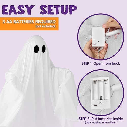 JOYIN Halloween Hanging Light up Ghost, 47" White Ghosts with Purple LED Light and Timer Halloween Hanging Decoration Waterproof for Front Yard Patio LawnGarden Party Decor Indoor Outdoor