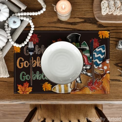 Artoid Mode Black Gobble Turkey Maple Leaves Thanksgiving Placemats Set of 4, 12x18 Inch Fall Harvest Table Mats for Party Kitchen Dining Decoration