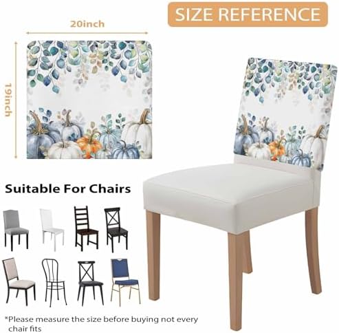 Fall Chair Covers Set of 8 Blue Eucalyptus Leaves Pumpkin Chair Slipcover Protector Removable Stretch Chair Covers Autumn Watercolor Leaf Thanksgiving Chair Back Covers for Dining Chairs Kitchen Party