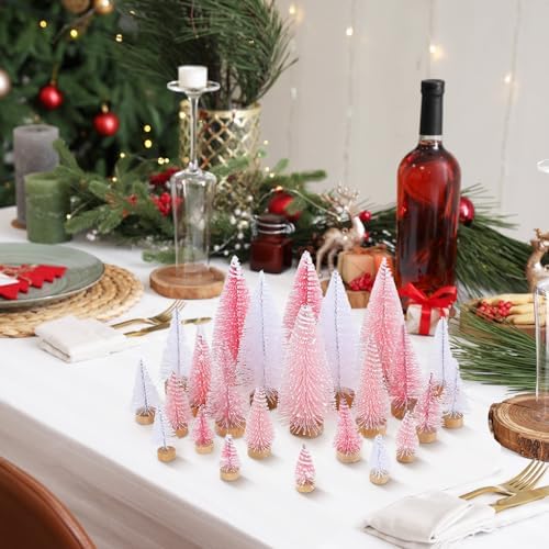 Leyndo 24 Pcs Pink White Artificial Mini Christmas Tree with Wood Base