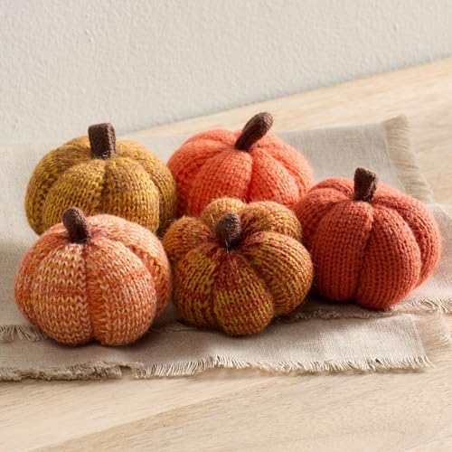 Set of 5 Mini Knit Pumpkins, Sunset Orange Gold Rust (Sunset 2.5 Inch Set)