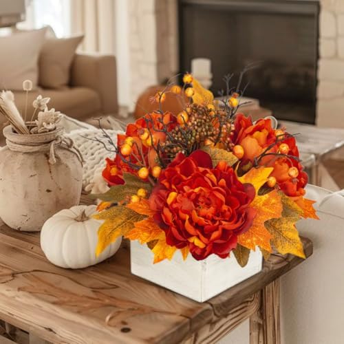 DILATATA Fall Decor Autumn Harvest Floral Centerpiece with Artificial Peony Maple Leaf and Berries Arrangement for Thanksgiving Party Mantel Fall Decor