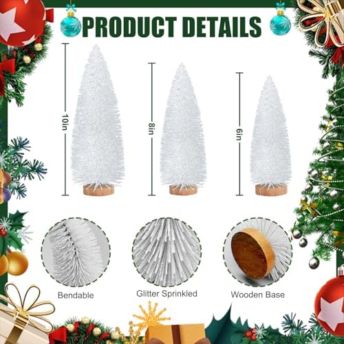 9 Pcs Mini Christmas Tree, Tabletop Christmas Tree with Wooden Bases Artificial Mini Tree with 3 Sizes Christmas Table Decor Bottle Brush Trees for Christmas Decorations (White Glitter)