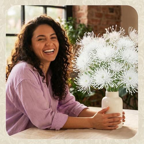 6PCS White Artificial Fake Mums Fall Faux Pincushion Flower