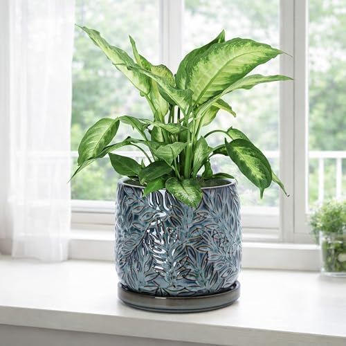 D'vine Dev Embossed Leaves Ceramic Planter, 6 in, Ocean Teal, 27-A-X-8