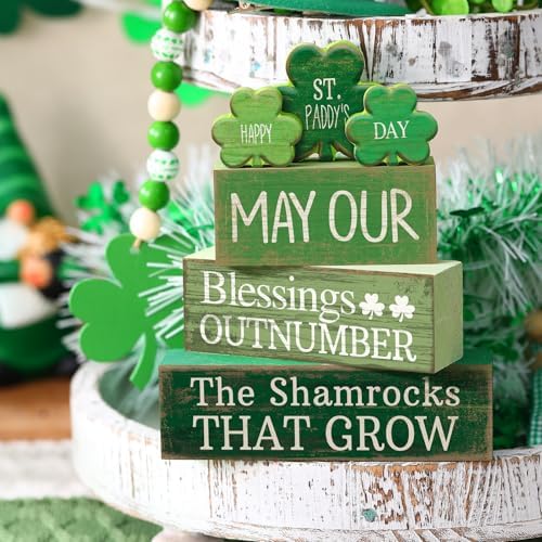 Lineshading 4 Pcs Wooden Shamrocks Block Signs Farmhouse Tiered Tray