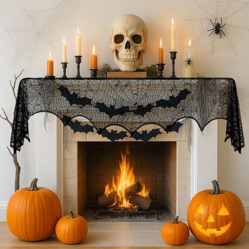 Halloween Decorations Black Lace Spiderweb Fireplace Mantle Scarf Cover(19x99 Inch) Indoor Outdoor Spider Web Netting Spooky Haunted House Home Room Bedroom Table Wall Decor Party Favors Supplies