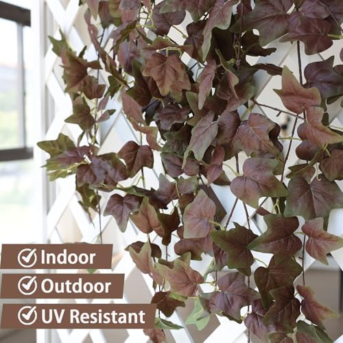 Mizii 2 Strands Artificial Vines Ivy Garland 74" Fake Vine with Silk Green Leaves Faux Hanging Plants Greenery Decoration for Bedroom Home Wall Party Wedding Arch Apartment Room Decor (Purple Green)