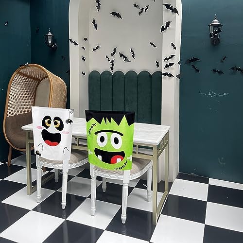 Whaline 4 Pack Halloween Chair Covers Spooky Chair Back Covers Cute Cartoon Halloween Characters Dining Room Seat Covers Removable Washable Chair Slipcovers for Halloween Party Home Kitchen Decor