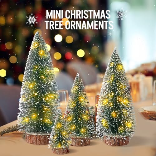 4PCS Mini Christmas Tree with Lights, Bottle Brush Trees, Christmas Table Decorations, Small Christmas Village Trees for Xmas Holiday Party Home Craft (Lighted)