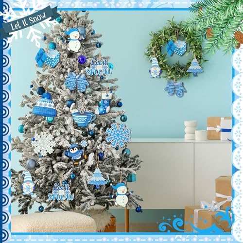 Qunclay 36 Pcs Winter Ornaments for Tree Blue Christmas Snowflake Wooden Hanging Ornament Snowman Gnome Wonderland Wood Pendant Winter Decorations for Home Small Tree Party Decor