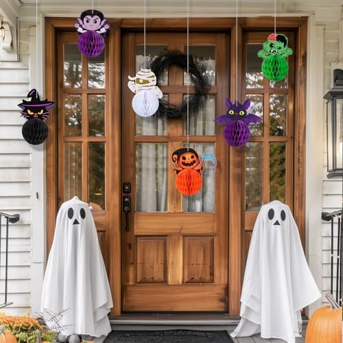 Konsait Halloween Hanging Decorations - 6 Pack 3D Honeycomb Hanging Bat Cat Zombie Vampire Decor for Indoor Outdoor Party Supplies & Accessories