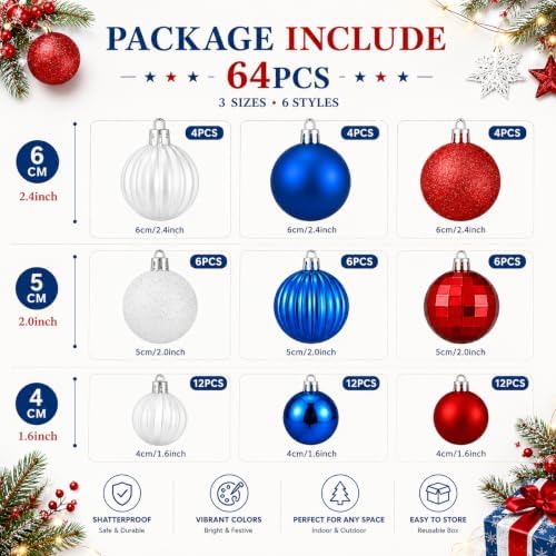 Lunmon 64 Pcs Red White and Blue Christmas Ornaments Patriotic Xmas Balls