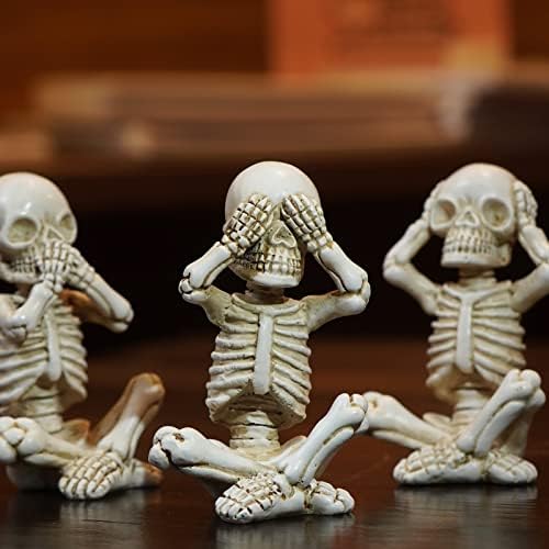 OwMell Set of 3 No Evil Skeletons Statue, Skull Figurine Gothic Home Décor