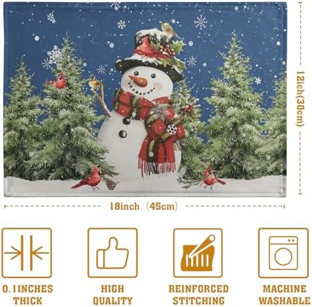 Blue Snowman Christmas Placemats Set of 4 Xmas Tree Cardinal Snowflakes Linen Table Mats Seasonal Winter Holiday Place Mats Washable Placemat for Party Kitchen Dining Outdoor Indoor Decor