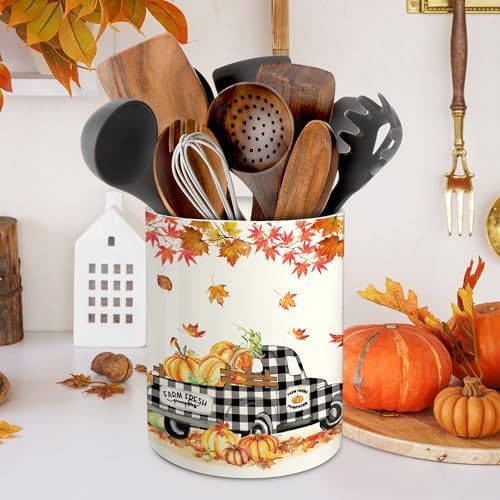 pinata Fall Kitchen Decor, Ceramic Fall Truck Pumpkin Utensil Holder