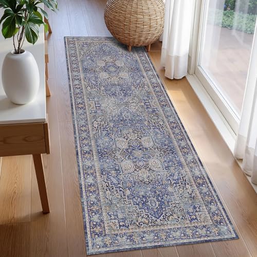 Washable Area Rug 2'6'' x 8' Vintage Traditional Persian Mat - Foldable Distressed Non-Slip Machine Washable Carpet for