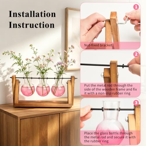 XXXFLOWER Plant Terrarium Kit with Wooden Stand 3 Gradient Pink Bulb Vases