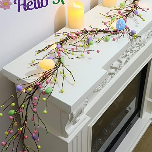 FOIMAS 6ft Lighted Easter Garland,Artificial Egg Hanging Garland with Lights Pip Berries for Easter Spring Party Fireplace Mantle Decoration Supply