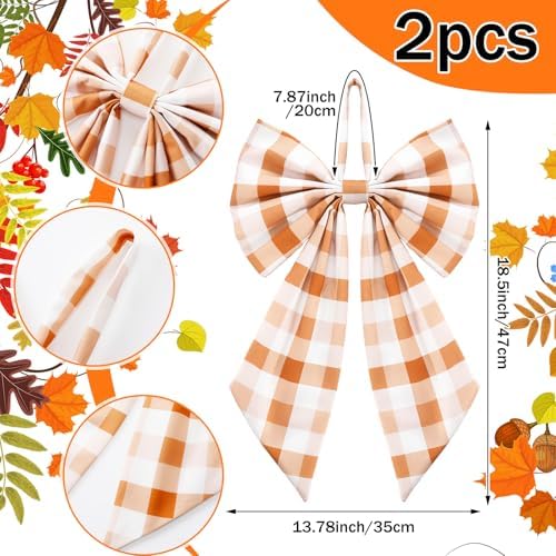 Suncalla 2 Pcs Orange Fall Plaid Wreath Bows 18'' x 12''