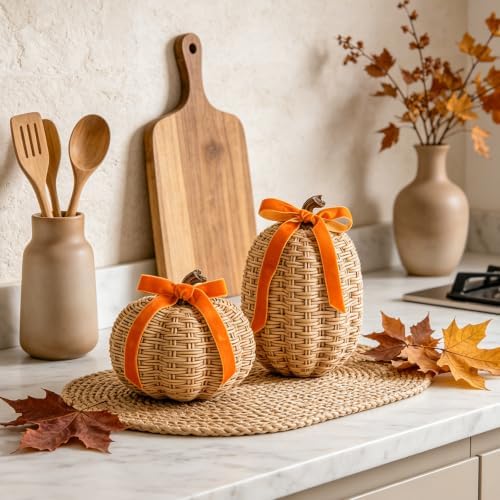 DN DECONATION Fall Pumpkin Decor, Fake Rattan Pumpkin Decorations for Home