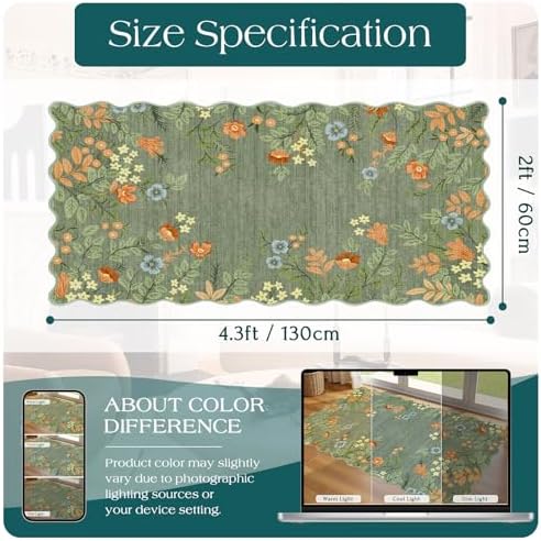 Front Door Mat Indoor Entrance - 2x4.3 Ft Sage Green Floral Washable Layered Doormat Outdoor Entrance Porch Rug