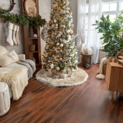 AOGU 48 Inch Faux Fur Christmas Tree Skirt Beige Plush Skirt for Merry Christmas Party Christmas Tree Decoration