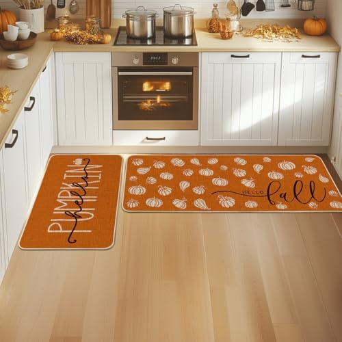 Artoid Mode Orange Hello Pumpkin Fall Kitchen Mats Set of 2-24x35+24x59