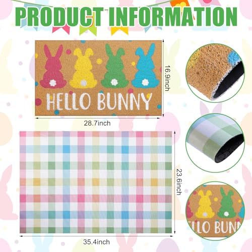 Tinideya 2 Pcs Hello Bunny Easter Layered Mat for Front Door