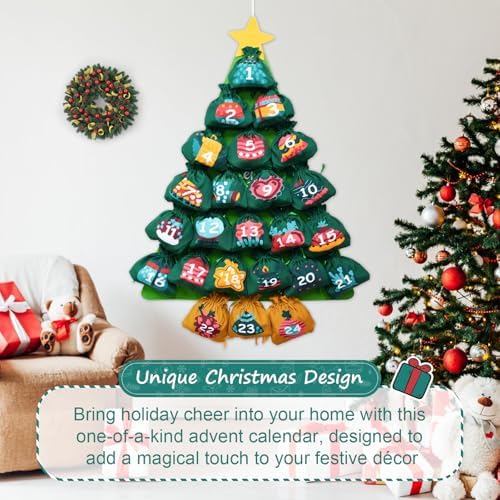 cshare Christmas Advent Calendars with Pockets, Christmas Tree Hanging Advent Calendar Reusable, Empty to Fill Farbic 24 Days Countdown Christmas Decorations