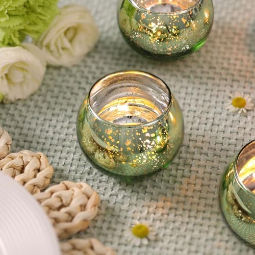 Volens 24PCS Green Votive Candle Holder Bulk, Round Mercury Glass Votives