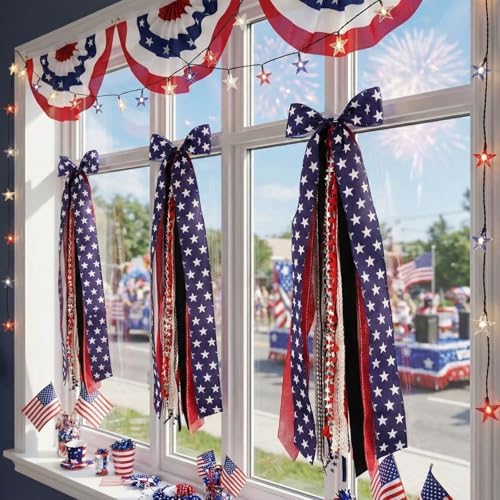 Patriotic Bow for Wreaths, 27.5" Red White Blue 8-Layer Wired Ribbon, Clip-On Stars Stripes Memorial Veterans Independence Day Front Door Decor