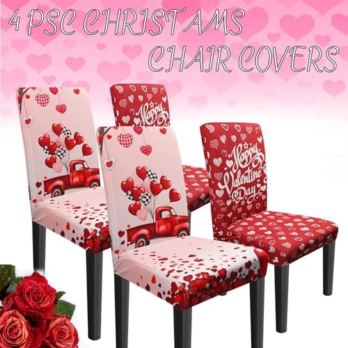 Valentine Chair Covers Set of 4 Valentines Heart Chair Back Covers Valentine Dining Chair Covers for Party Kitchen Removable Valentines Decorations