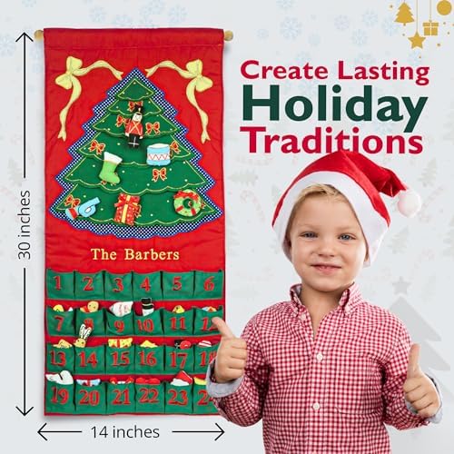 Personalized Christmas Green Tree Advent Calendar by Pockets of Learning | Family Festive Holiday Décor, Seasonal Fabric Wall Hanging | Cloth Christmas Countdown w/ 24 Stuffed Cloth Ornaments