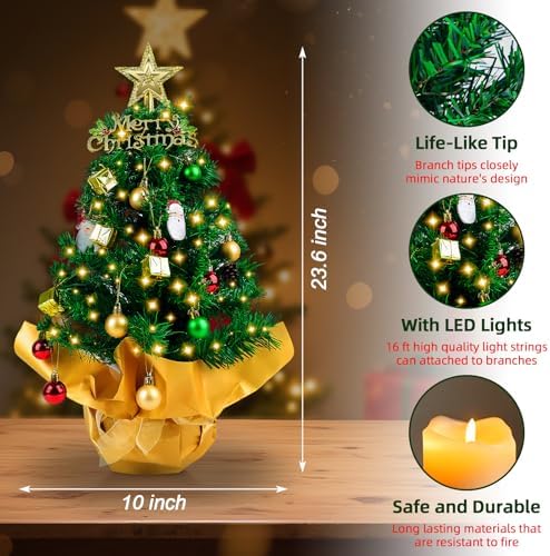 23 in Small Christmas Tree with Lights, Mini Tabletop Tree Desk Decor
