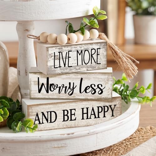 Moucuny 4 Pcs Inspirational Farmhouse Table Decor Rustic Stacked Wooden Block Sign - Live More Worry Less Be Happy