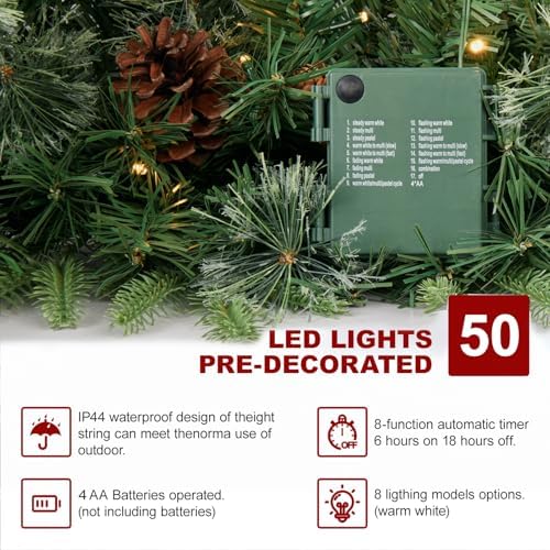 9FT Prelit Artificial Christma Garland with Dual Color LED Lights and Timer by Remote Control and Batteries Operated, Home Mantle Stairs Railing Fireplace Outdoor Indoor Wall