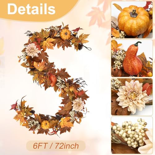 Fall Garland 6Ft Lifelike Autumn Maples Leaf Pumpkin Garland with Berries Pine Cones, Fall Decorations for Home Thanksgiving Halloween Fireplace Farmhouse Porch Indoor Outdoor Decorations