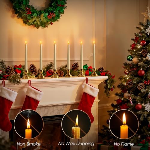 6 Pcs Window Candles with Remote and Timer, Flameless Taper Candles with Gold Holders, Battery Operated Christmas Candle, Ivory LED Candlesticks for Home Window Holiday Xmas Decor