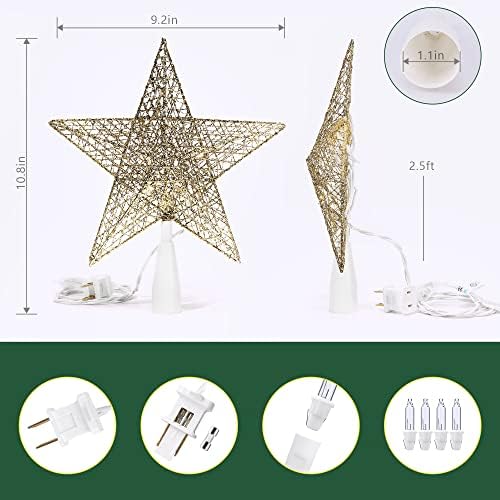 Brizled Gold Christmas Tree Topper, 9“ Hollow-Out Xmas Star with 10 Lights